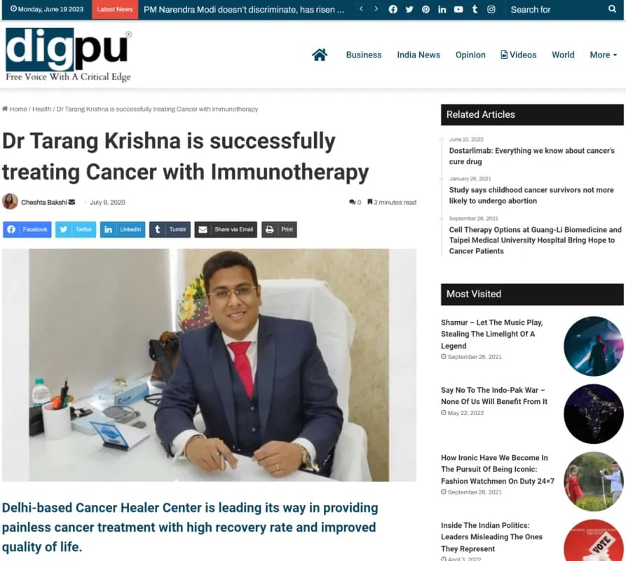 Dr Tarang Krishna is successfully treating cancer with Cancer Healer Therapy