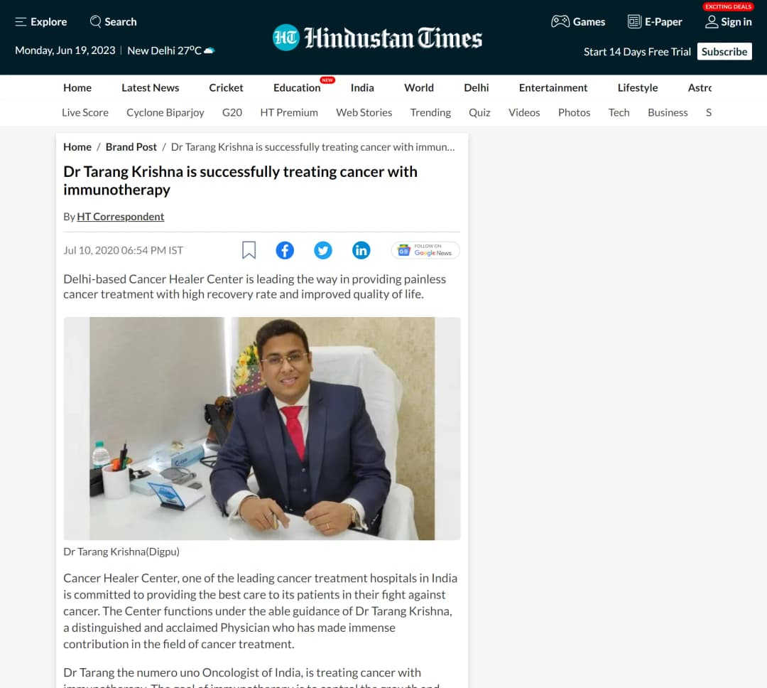Dr Tarang Krishna is successfully treating cancer with Cancer Healer Therapy